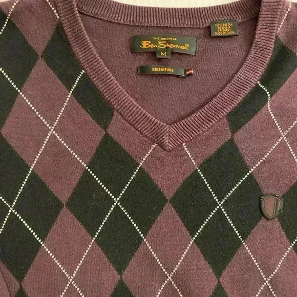 Men’s Argyle V-Neck Long Sleeve Cotton Black Purple Pullover medium - Picture 2 of 12